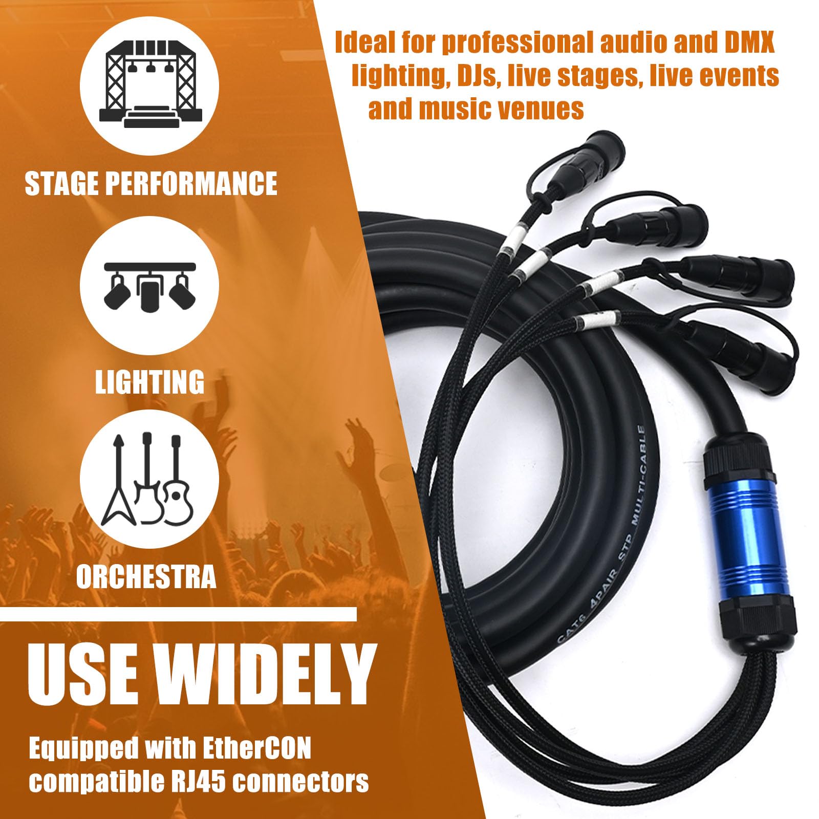 Jamesin 4 Channel CAT6 Shielded Ethercon Cable, with Booted Rj45, Auto-Locking Ethernet, for Studio Setups, Touring, Stage Production, Concerts & Other Applications